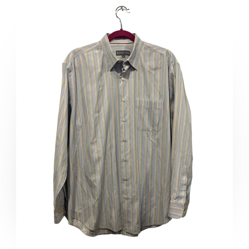 Hickey Freeman Men’s Large Button Up Multicolor Striped‎ Cotton Long Sleeve EUC